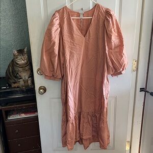 a new day Puff Sleeve Midi Dress in Coral/Peach